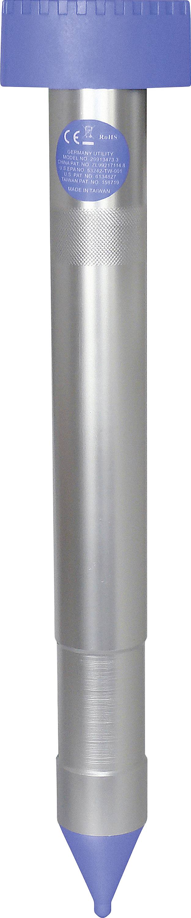 Un long objet cylindrique métallique avec des extrémités bleues. L'extrémité supérieure comporte une étiquette portant le marquage CE.