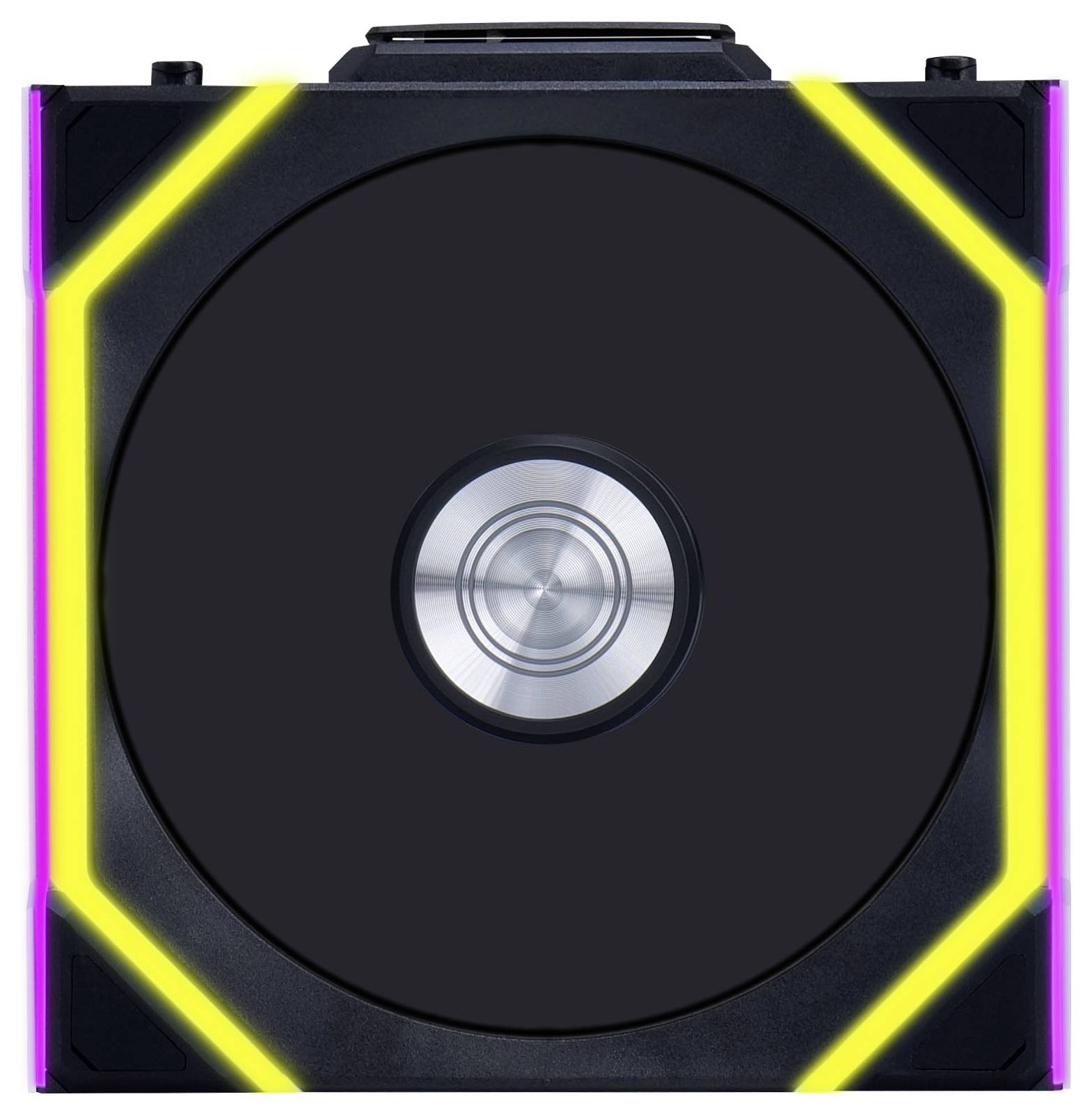 Boîtier CD noir avec des bandes lumineuses jaunes et roses aux coins. Un CD argenté est visible au centre.
