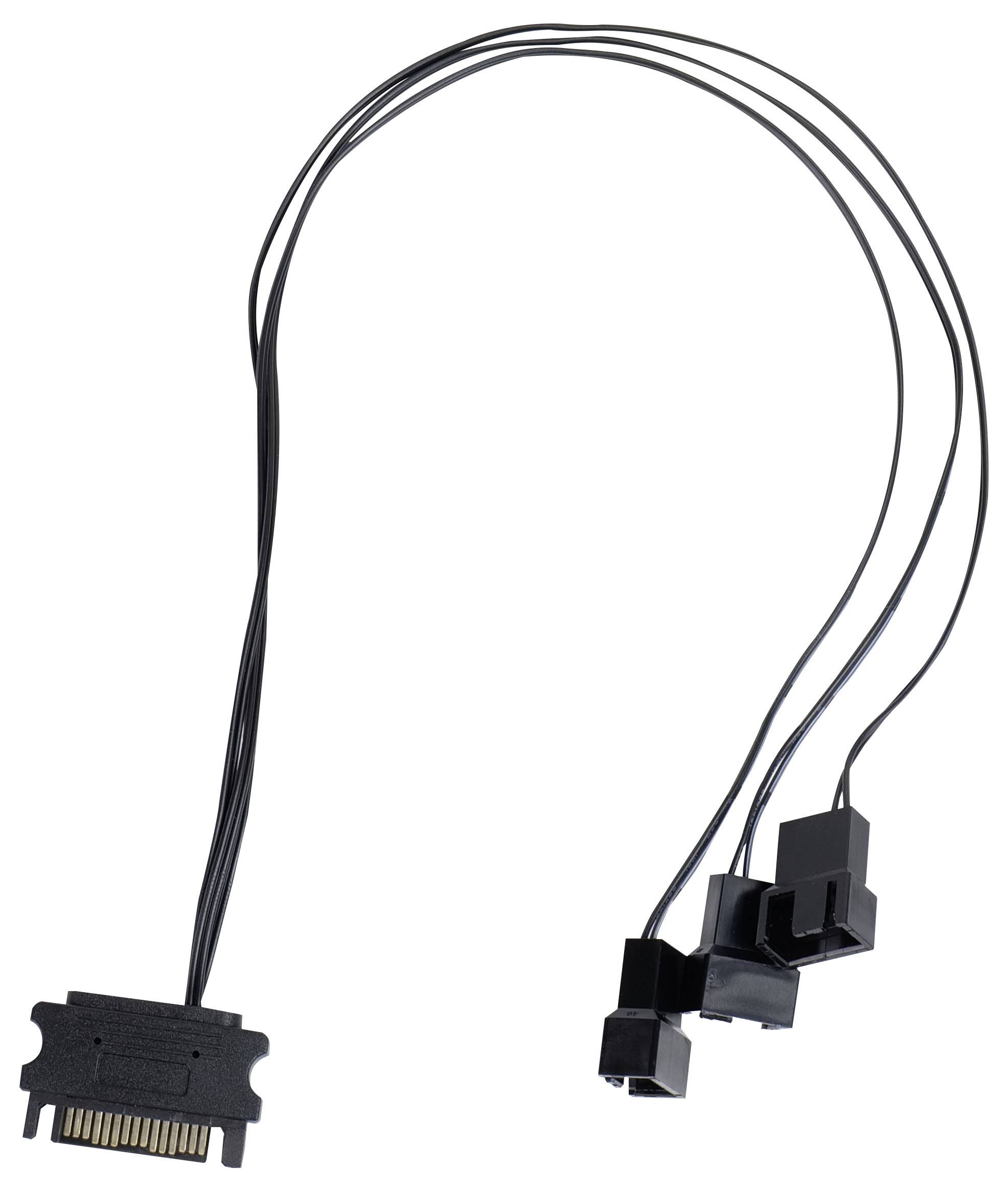 Un adaptateur de câble SATA avec une fiche d'un côté et trois ports de l'autre, pour la distribution électrique dans un ordinateur.