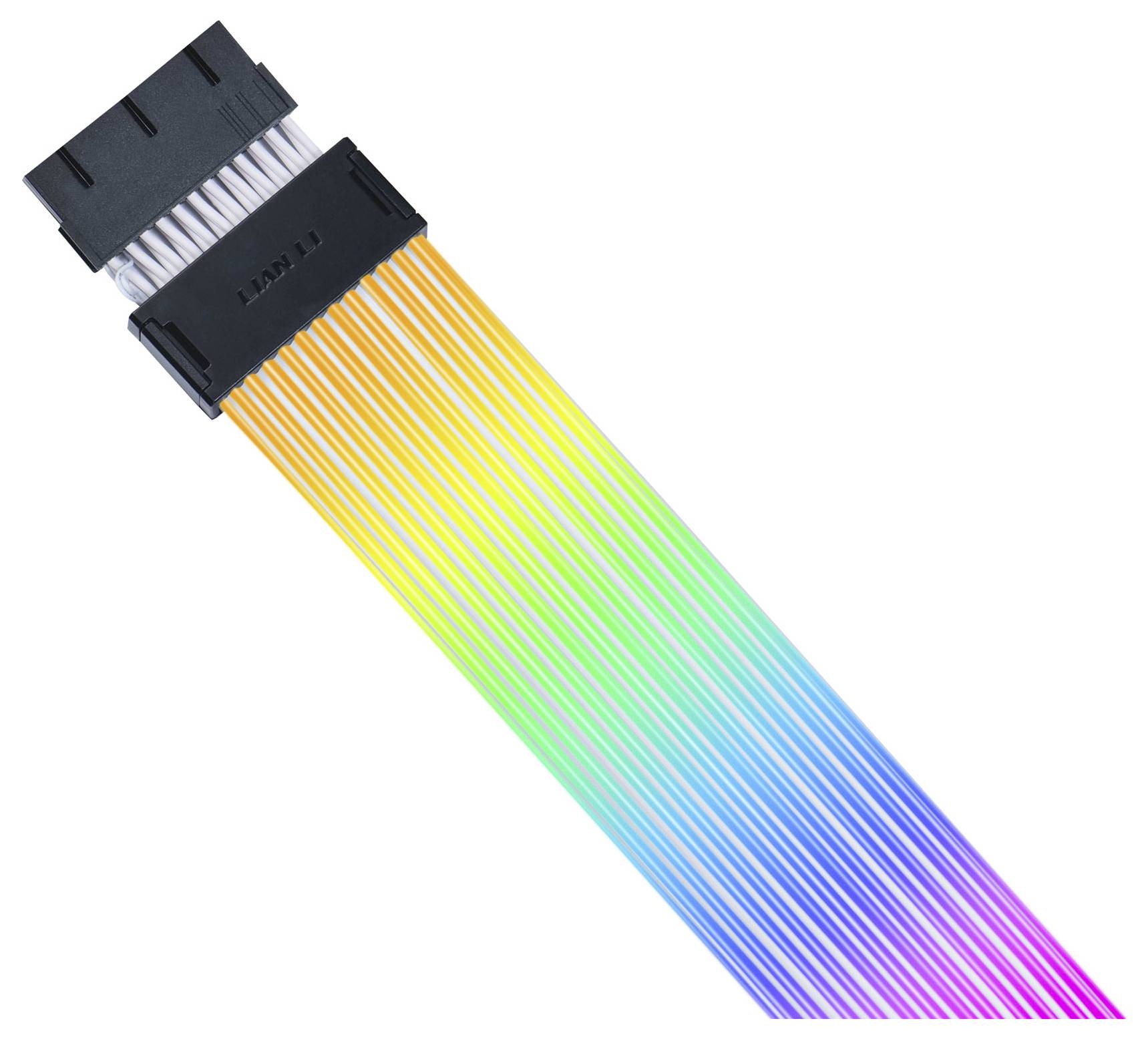 Un câble plat multicolore avec des connecteurs à chaque extrémité, représenté dans les couleurs de l'arc-en-ciel.