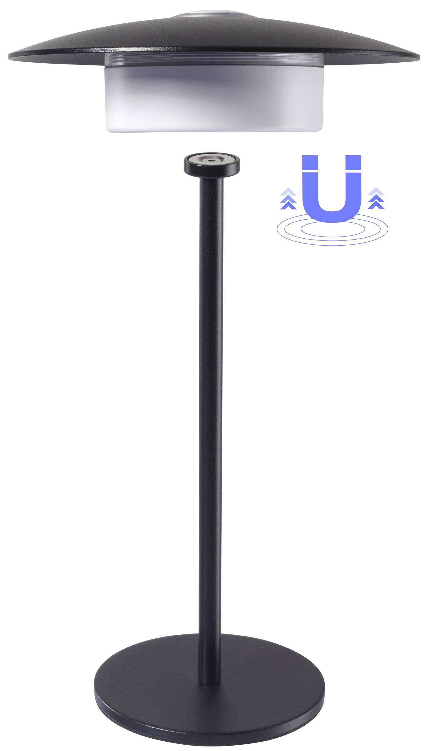 Une lampe sur pied moderne noire avec un grand abat-jour et un support élancé. Une icône d'aimant avec des ondes suggère une fonctionnalité magnétique.