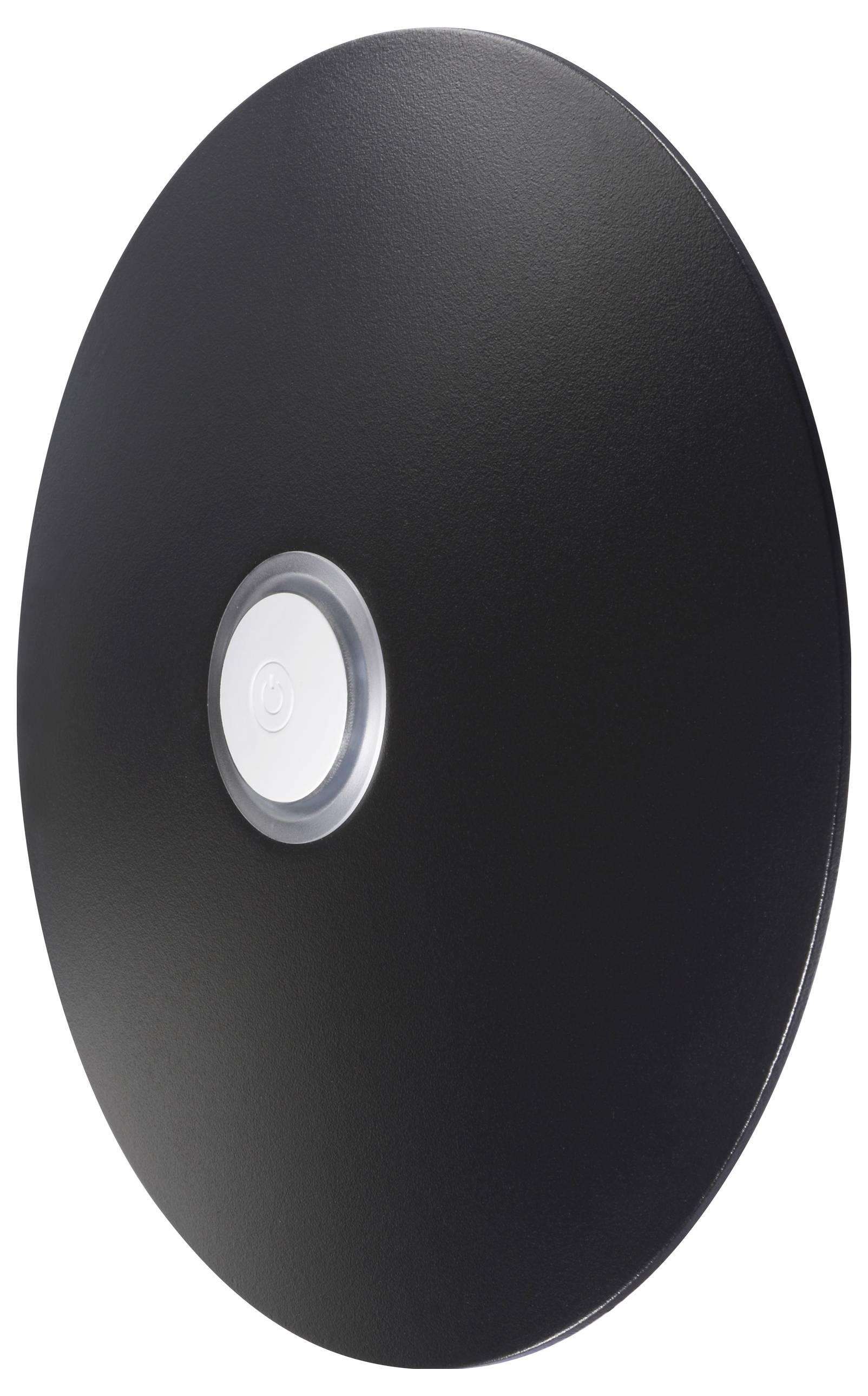 Un objet circulaire noir avec un bouton blanc au centre, ressemblant à un haut-parleur moderne et élégant ou à un appareil électronique, vu sous un angle.