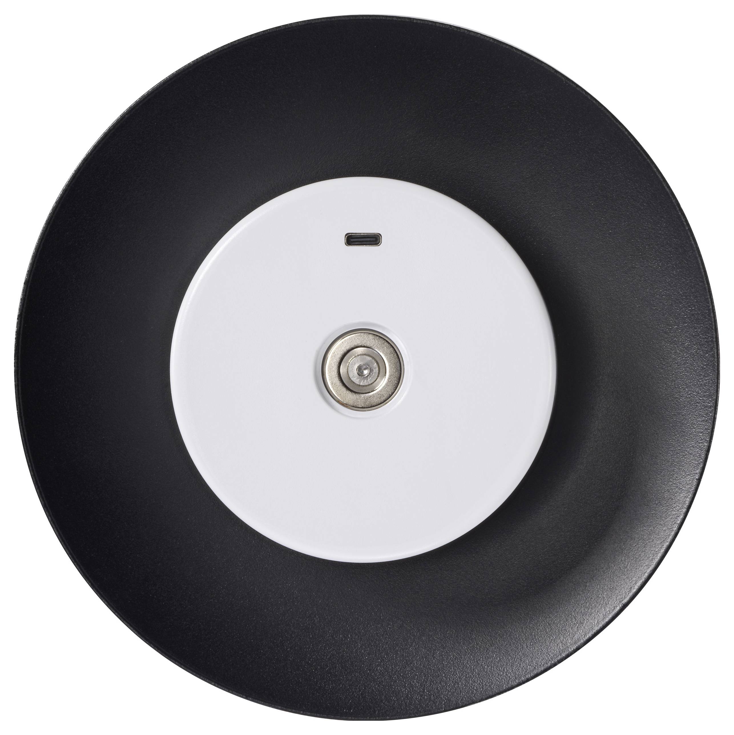 Un détecteur de fumée noir, circulaire, monté sur une base blanche, conçu pour la surveillance de la sécurité incendie.