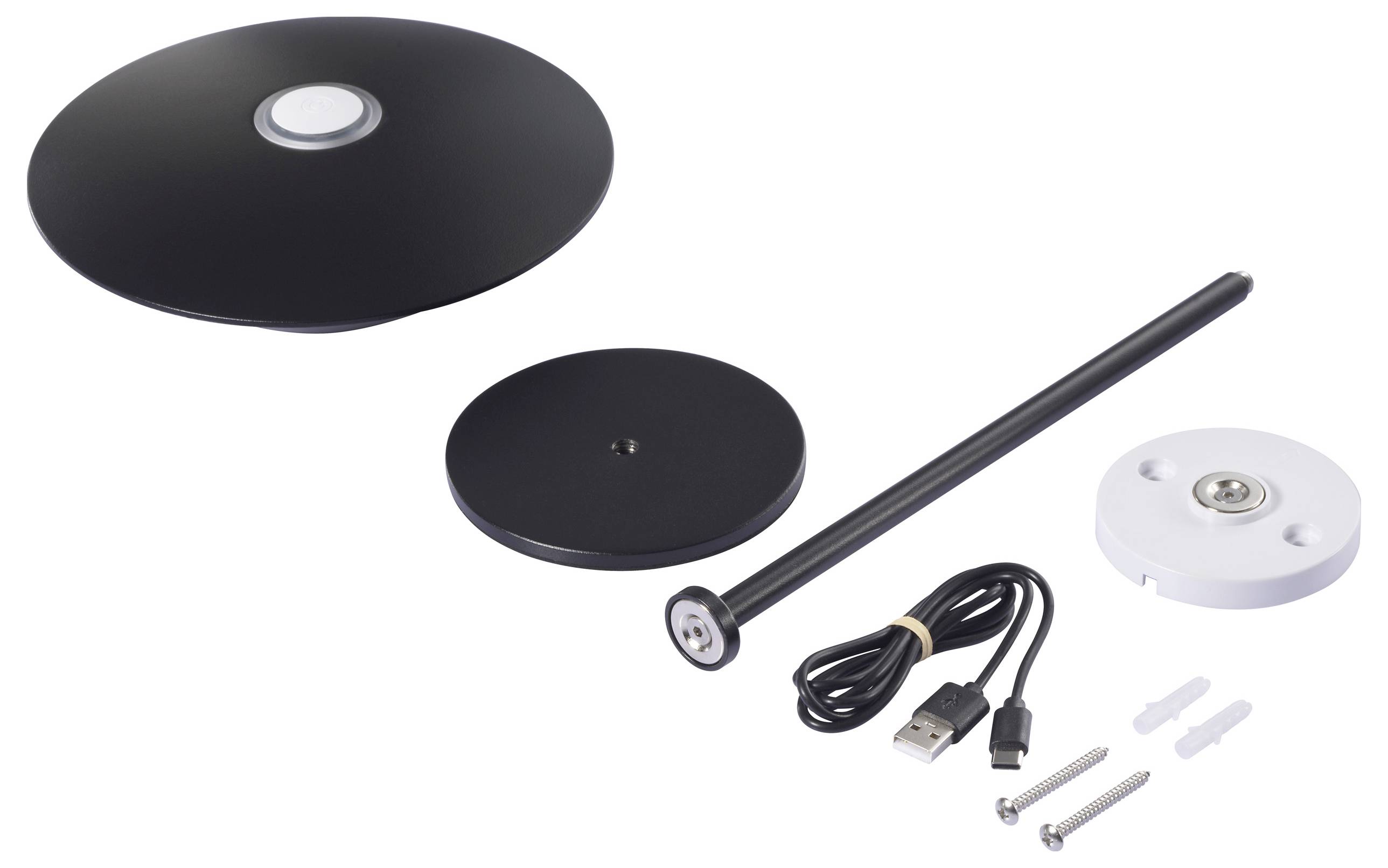 Composants de la lampe de lecture LED, comprenant une base circulaire noire, un câble USB, une tige lumineuse, une plaque de montage et des vis.