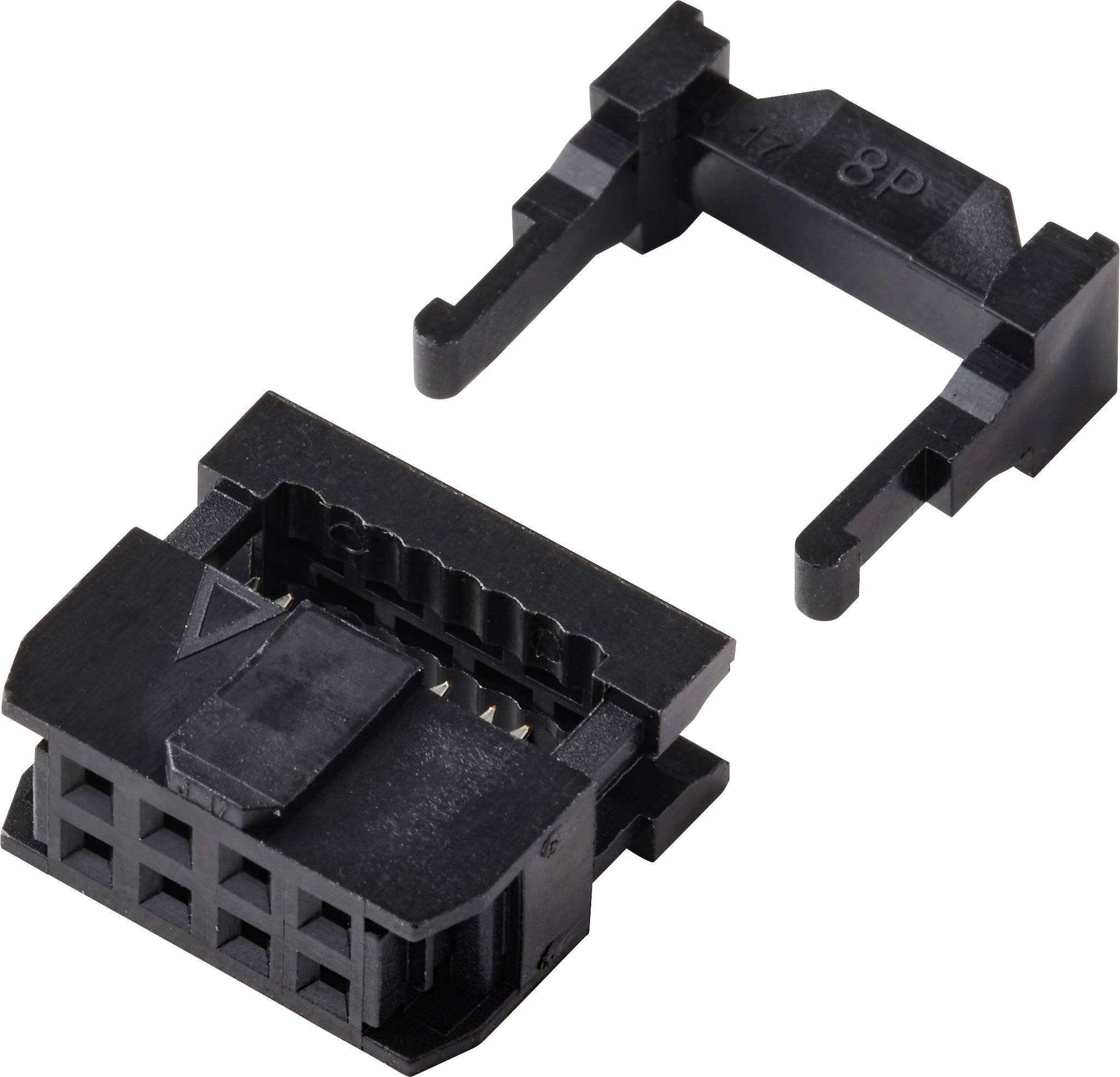 « Un connecteur en plastique noir avec une prise à 8 broches et un clip amovible au-dessus, probablement pour sécuriser une connexion de câble. »