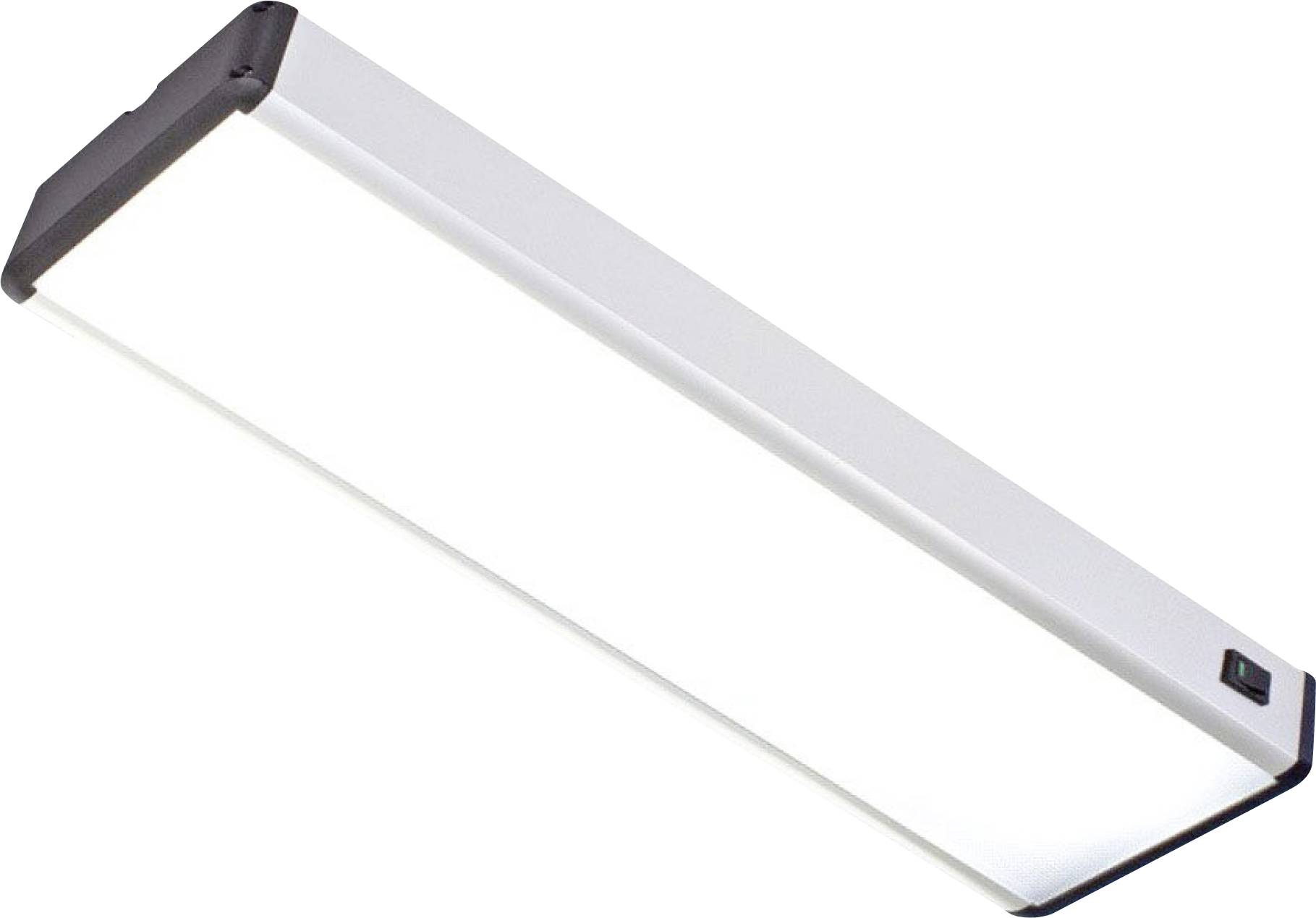Une lampe de plafond LED rectangulaire blanche avec un interrupteur noir sur le côté.