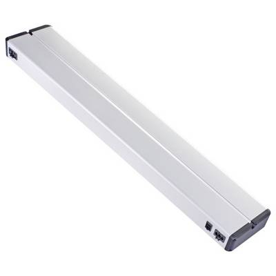 Un boîtier rectangulaire long de couleur argent avec des embouts noirs et des connexions sur les côtés, probablement un composant électronique.