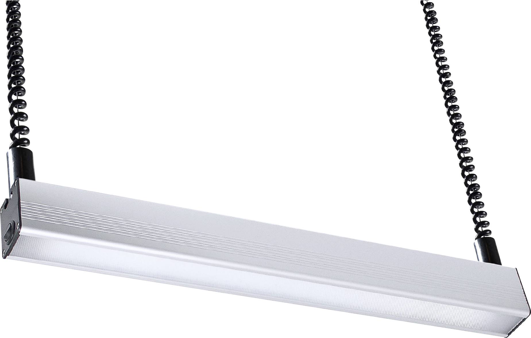 Un luminaire de plafond moderne et rectangulaire est suspendu par deux câbles noirs en spirale.