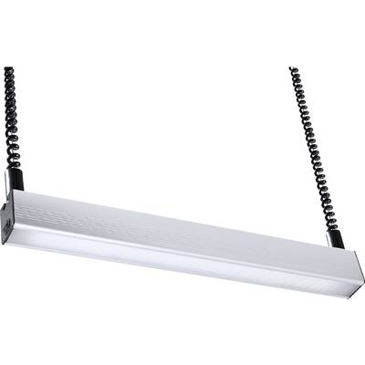 Une lampe suspendue rectangulaire en argent avec des câbles spiralés, montée au plafond.