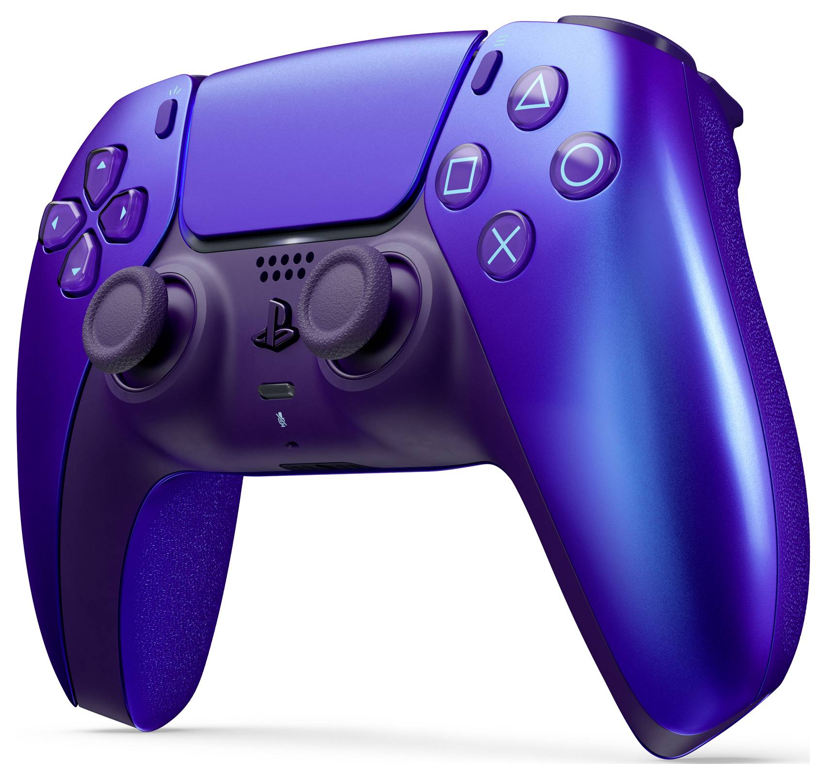 Une manette de jeu bleue et violette avec plusieurs boutons et joysticks.