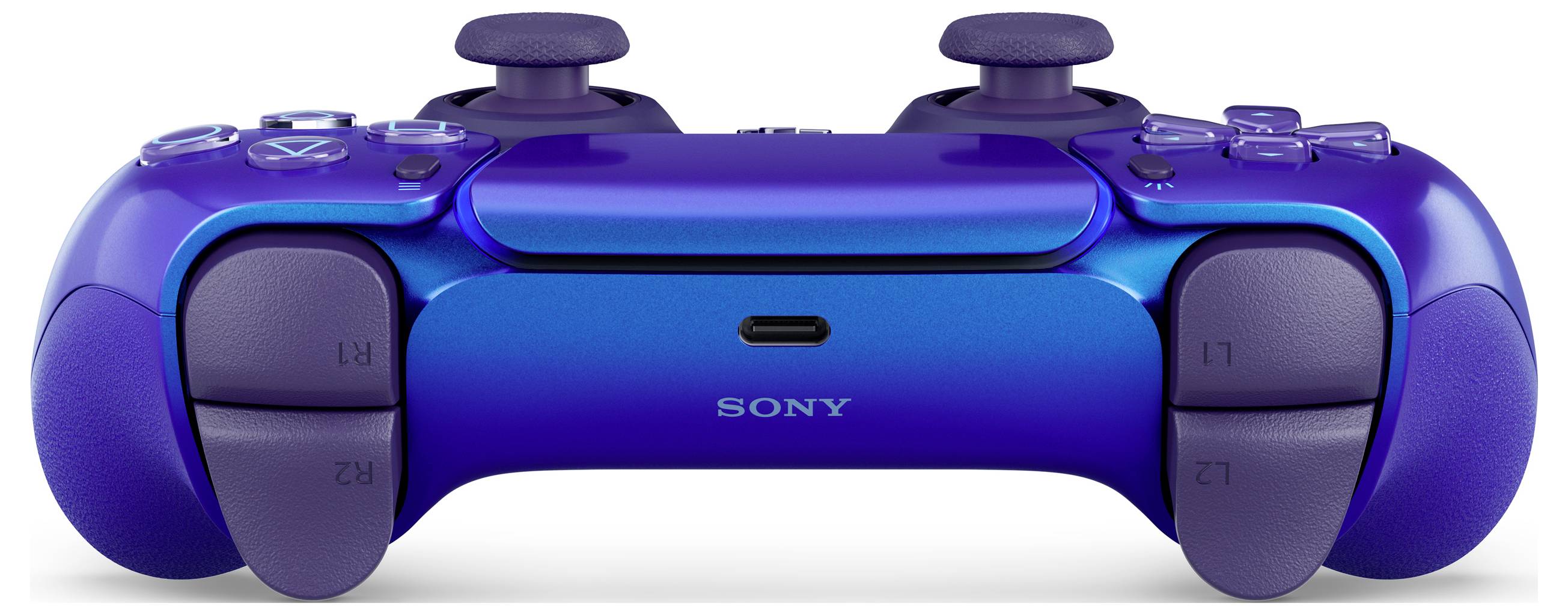 Une manette de jeu violette et bleue avec des boutons et des joysticks, vue de face.