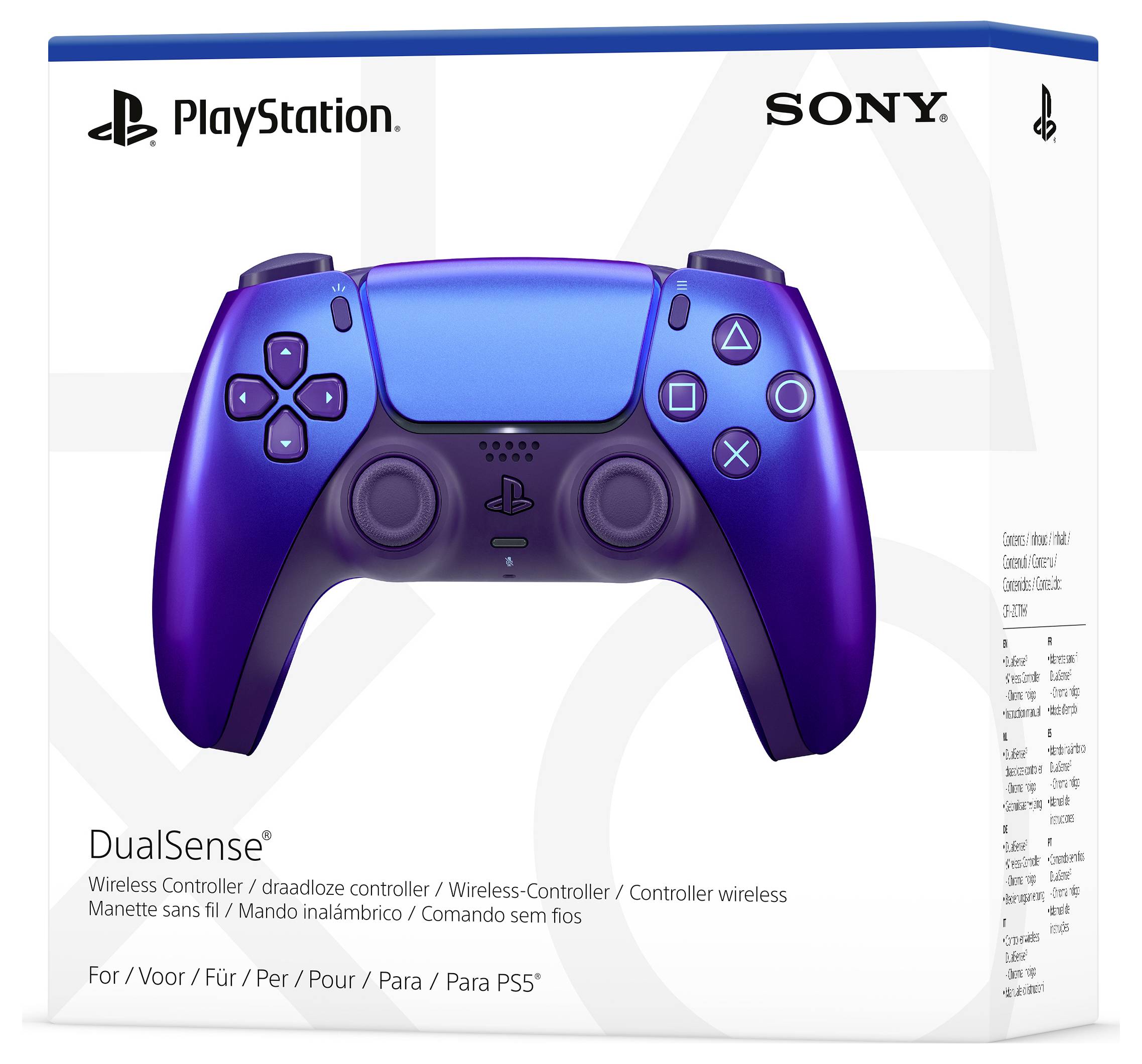 Emballage d'une manette sans fil DualSense PlayStation en bleu, avec les logos des marques PlayStation et Sony.