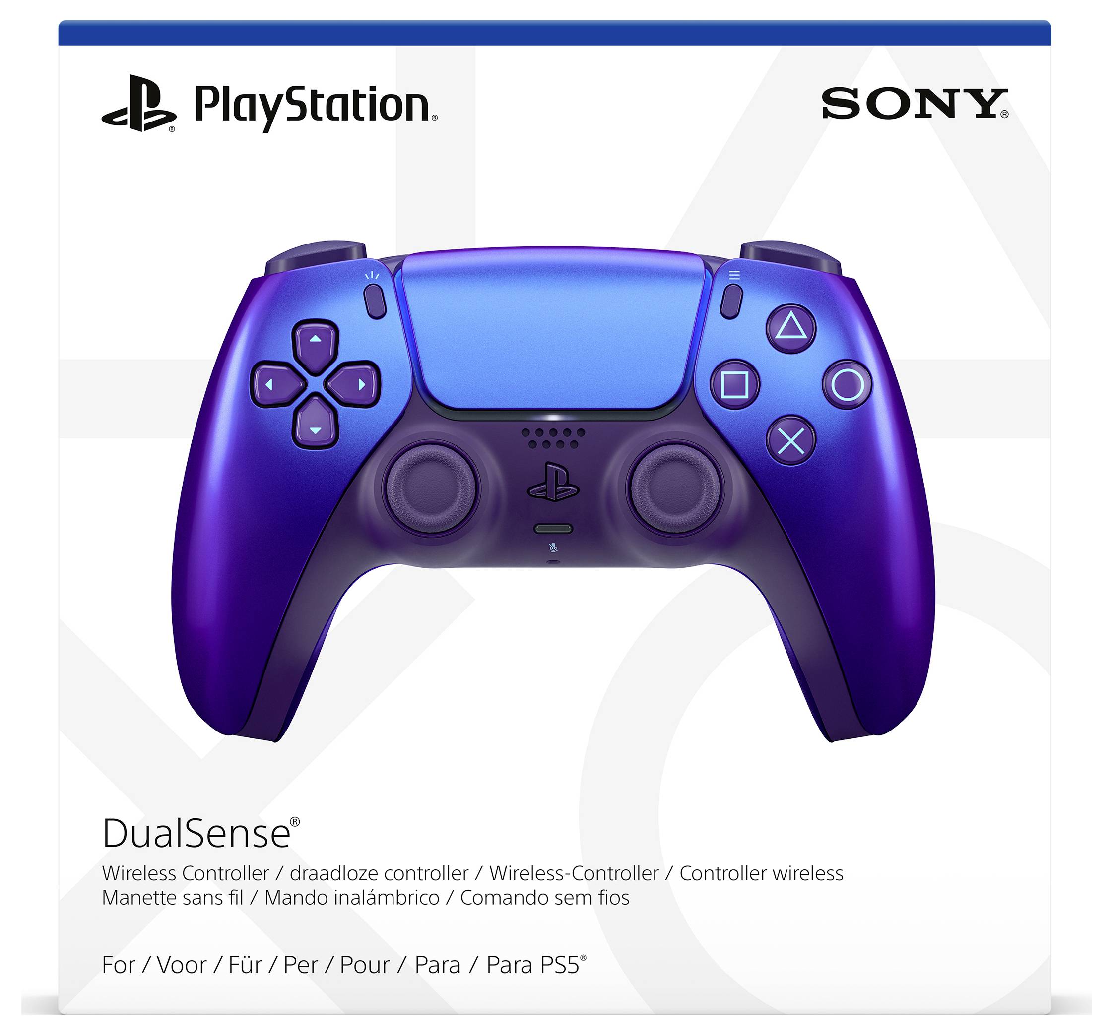 Manette PlayStation DualSense en bleu pour PS5, mise en valeur sur un emballage avec logos et description multilingue.