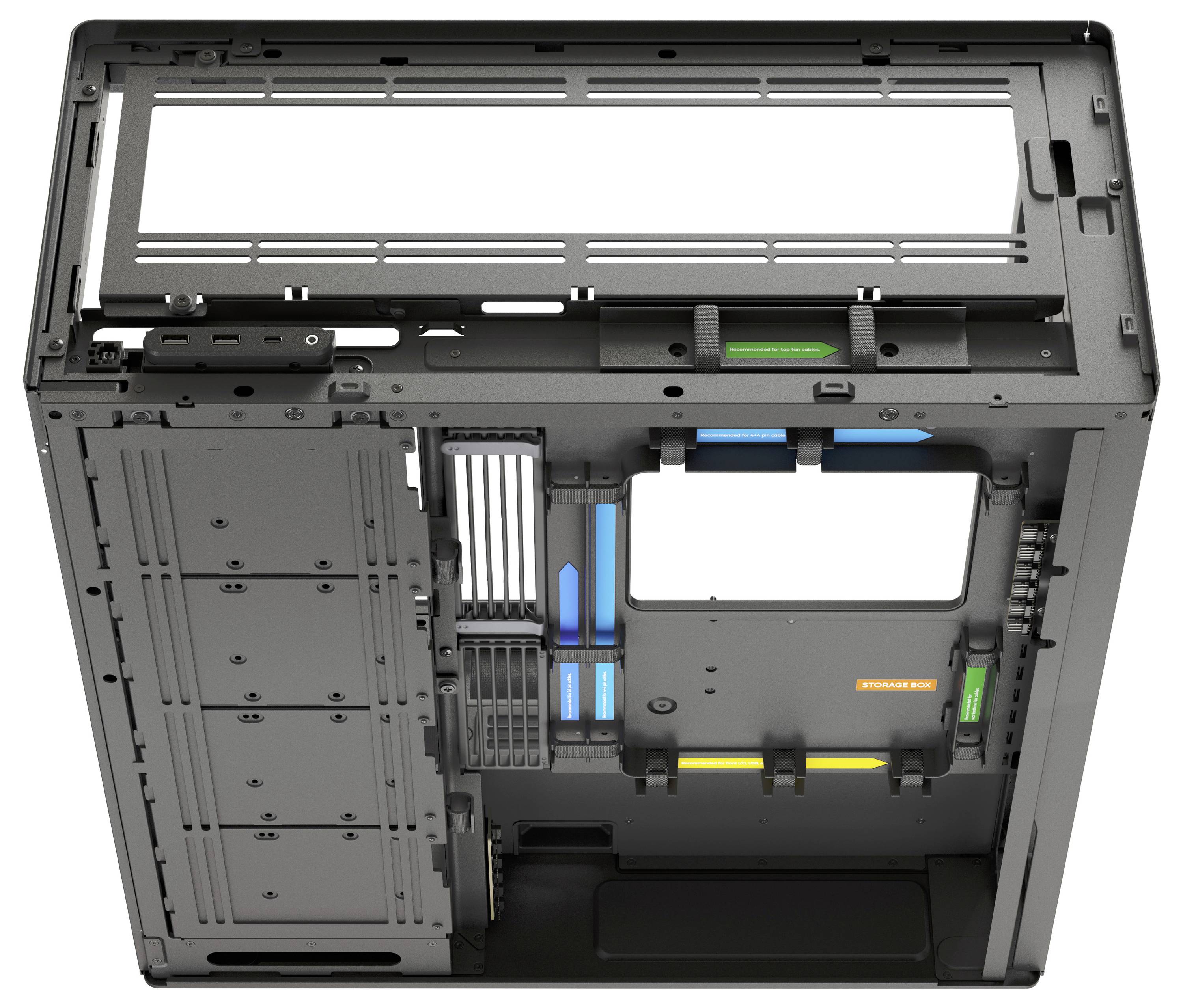 Boîtier d'ordinateur, vue intérieure, montrant les espaces de montage pour la carte mère, les disques durs et les ventilateurs ; structures de cages visibles, aucun composant installé.