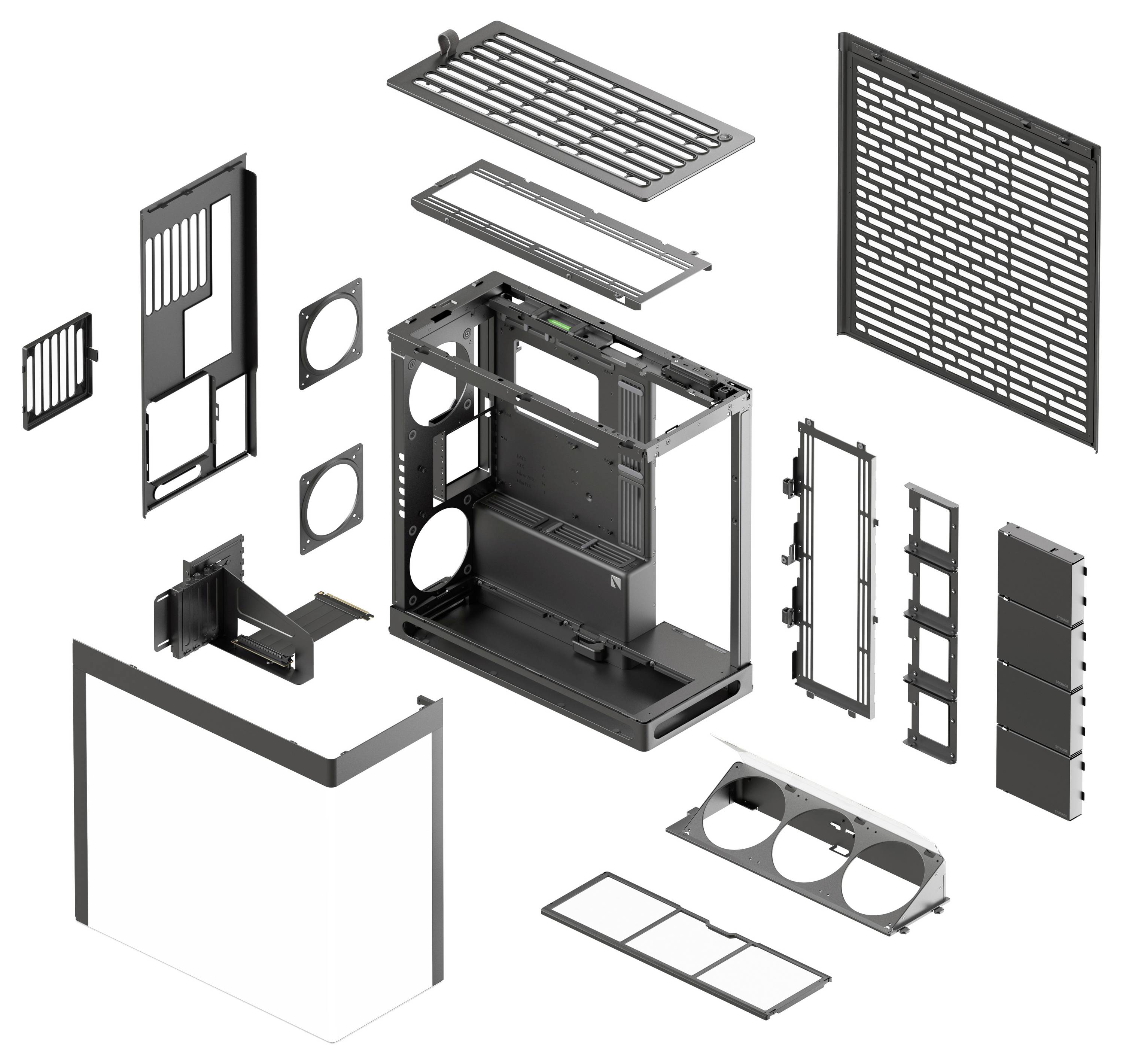 Vue éclatée d'un boîtier d'ordinateur avec des composants séparés tels que les parois latérales, les ventilateurs et le châssis. Structure principale au centre.