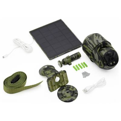 Ensemble de caméra de surveillance en motif de camouflage, comprenant une caméra, un panneau solaire, des supports de montage, des câbles et des vis. Idéal pour l'extérieur.