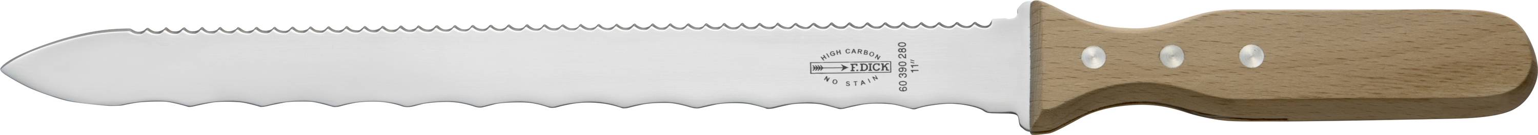 Un couteau à pain dentelé avec un manche en bois, posé, montrant sa lame tranchante. Idéal pour couper le pain et les pâtisseries.
