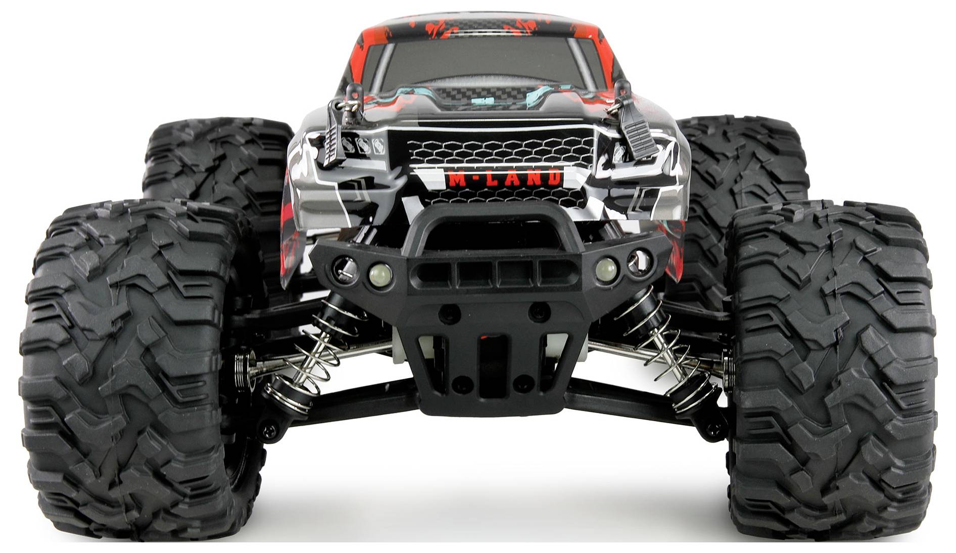 'Gros plan sur un monster truck télécommandé avec de grandes roues robustes et un design sportif et coloré.'