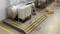 Un ouvrier est debout sur une échelle et répare une machine dans un hall d'usine, entouré de cartons et de barrières de sécurité.