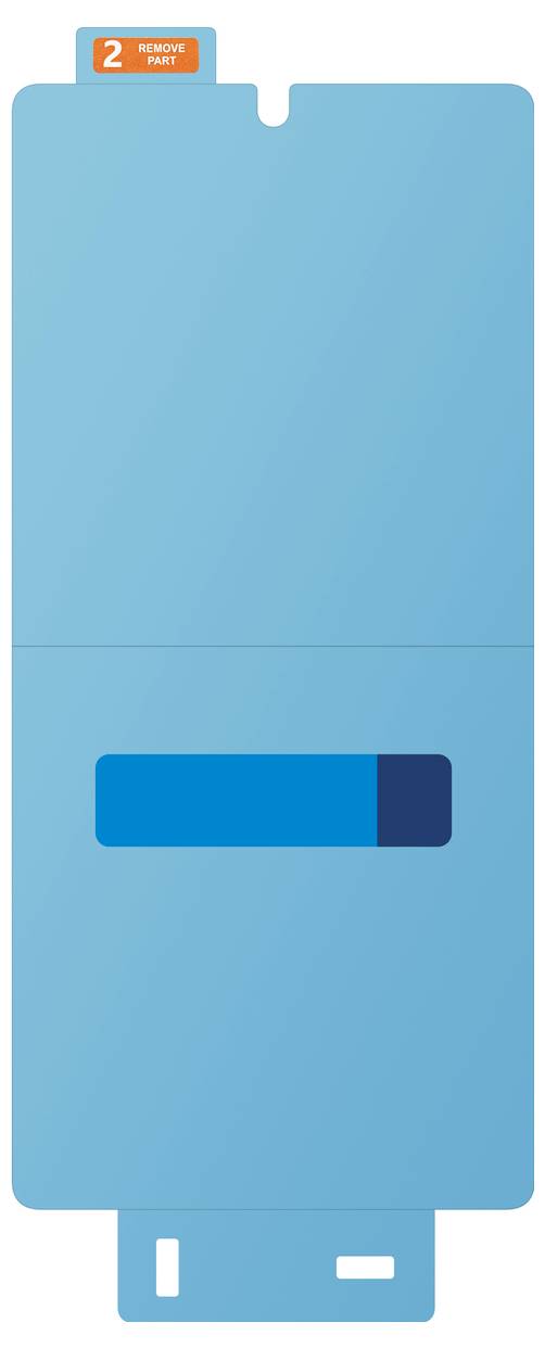 Un objet oblongue bleu clair avec une zone rectangulaire plus foncée sur sa surface. En haut à gauche, une étiquette orange portant le numéro '2'.