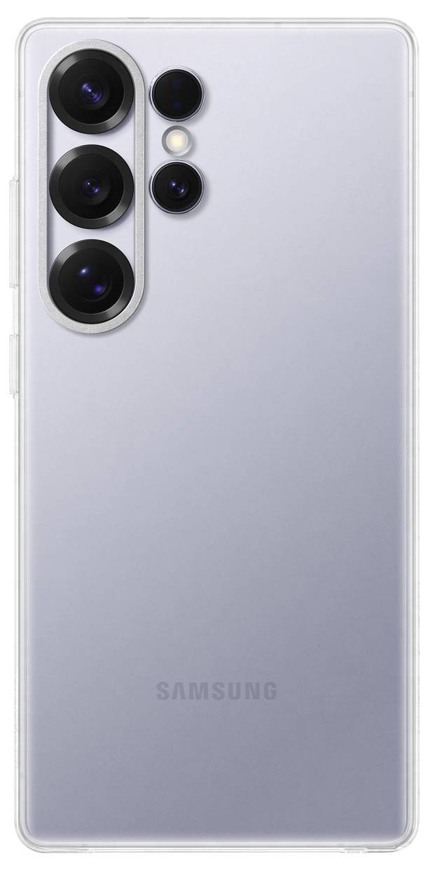 Vue arrière d'un smartphone argenté, orienté verticalement, avec quatre objectifs d'appareil photo dans le coin supérieur gauche. Logo de la marque en bas.