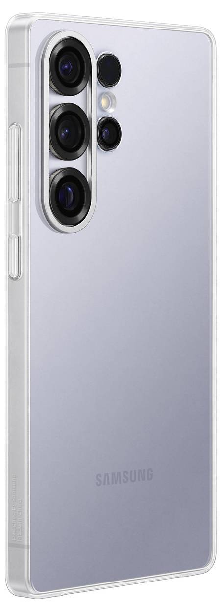 Un smartphone moderne dans un étui transparent, montrant quatre objectifs photo à l'arrière, design argenté.