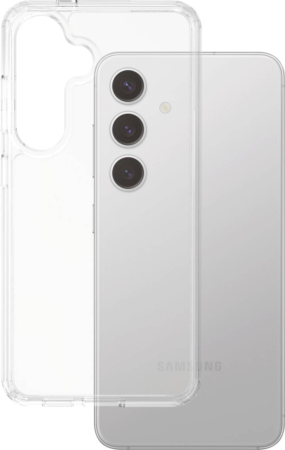 Un smartphone doté de trois objectifs photo et d'un boîtier de protection transparent. L'appareil est orienté sur sa face arrière.