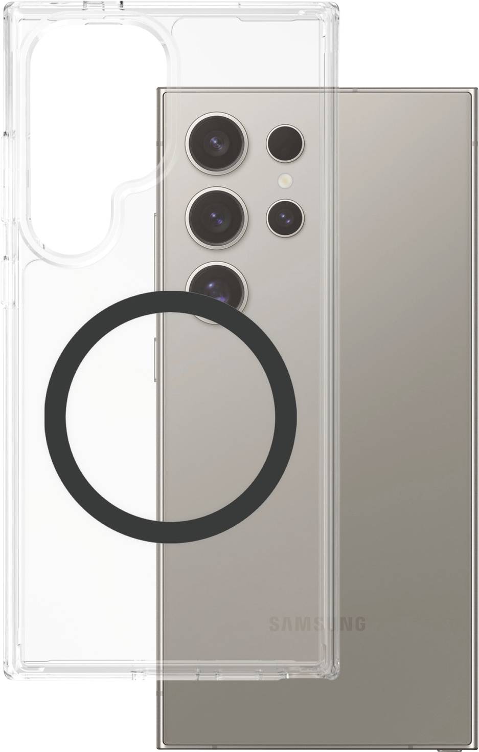 Un smartphone avec plusieurs objectifs de caméra, à côté d'un étui de protection transparent.