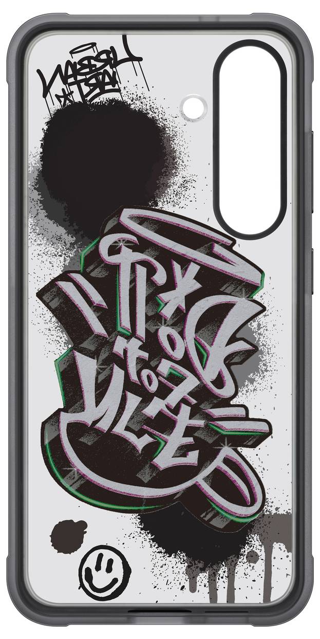 Étui pour smartphone au design graffiti en noir et blanc. Un grand lettrage est au centre, avec un visage souriant en dessous.
