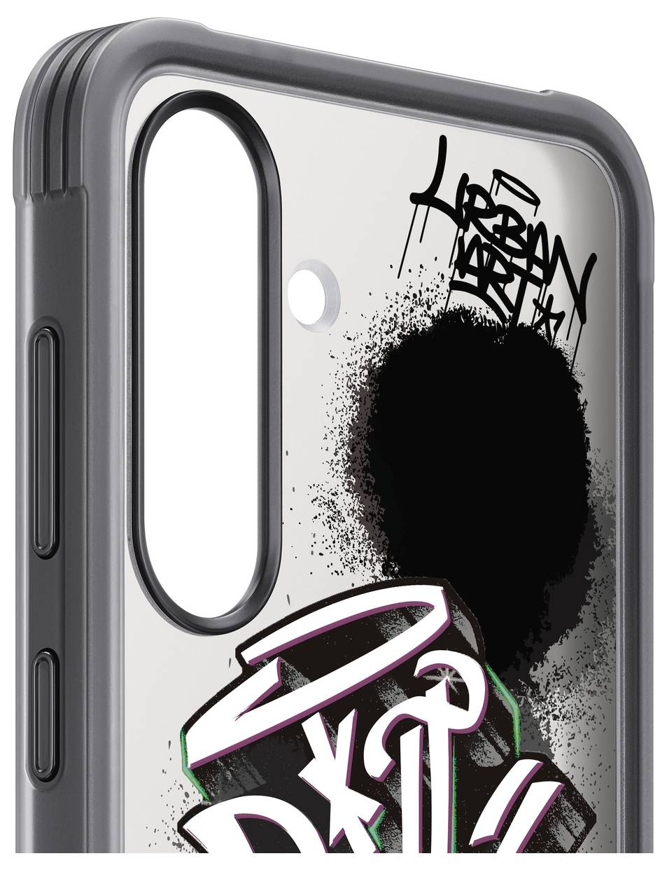 Coque de smartphone au design graffiti, présentant des lettres stylisées et un motif géométrique.