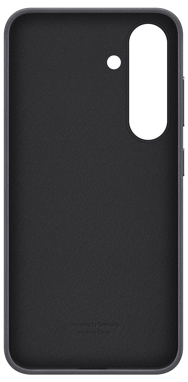 Coque de smartphone noire avec picots de protection à l'intérieur, découpe pour caméra en haut à droite. Designée par 'Samsung, Fabriquée en Chine' gravée en bas.