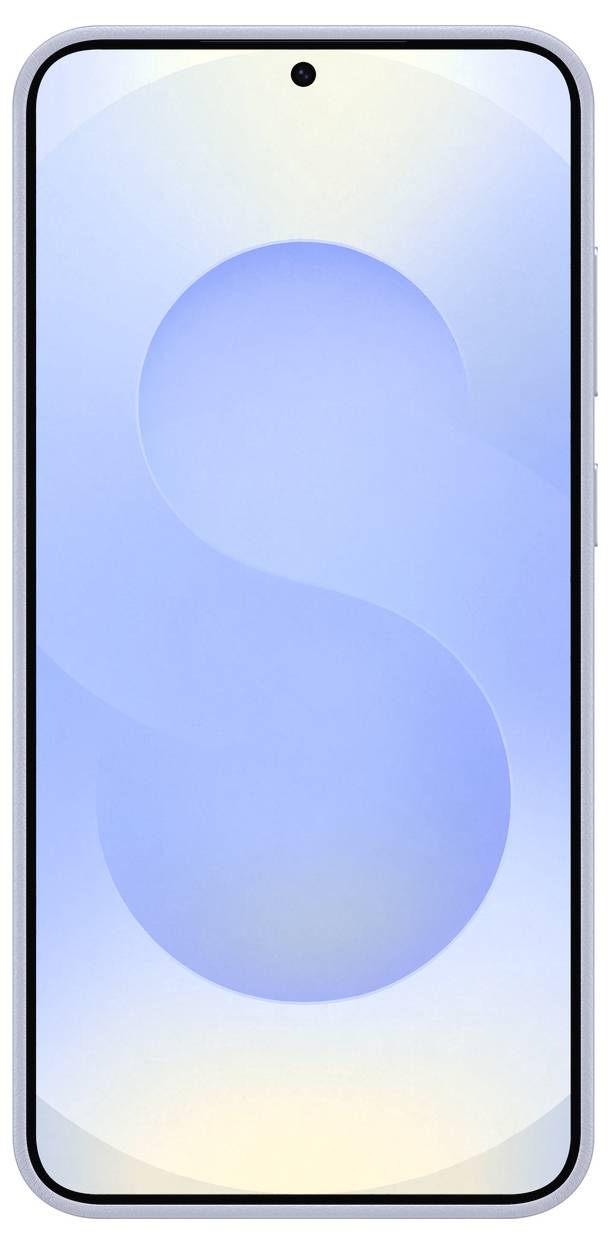 Un smartphone avec un fond d'écran bleu clair représentant la forme d'un 'S' stylisé. L'écran est doté de bordures étroites.
