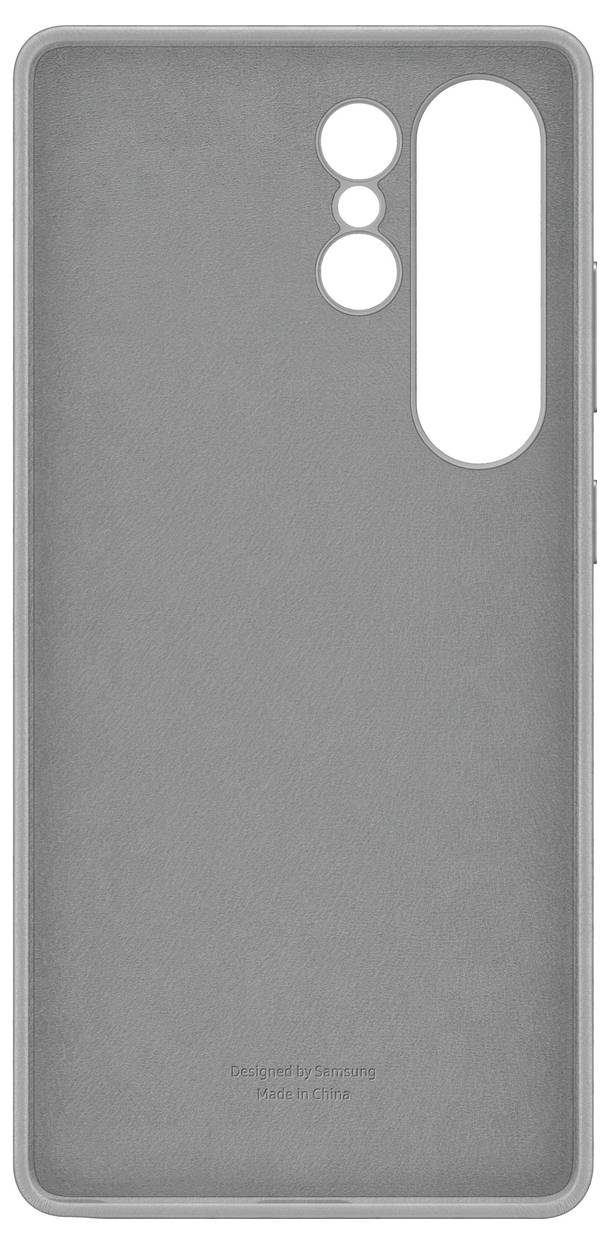 Étui de smartphone gris avec découpes pour caméra en haut à gauche et boutons latéraux étroits ; design épuré, inscription en bas.