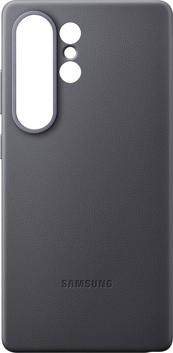 Une coque en cuir noir pour Samsung, avec des découpes pour la caméra et les boutons, adaptée à un smartphone moderne.