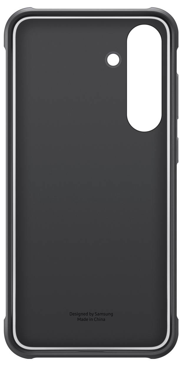 Coque de smartphone noire avec une grande découpe pour l'appareil photo et le flash. Conçue par Samsung, fabriquée en Chine.