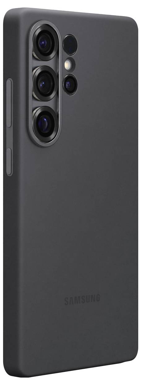 Smartphone avec une coque grise, vue de dos. Trois objectifs de caméra et un flash LED visibles.