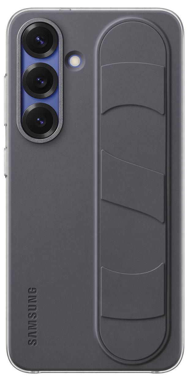 Dos de smartphone avec une coque grise, trois objectifs photo en haut à gauche, logo 'Samsung' vertical et zone de préhension intégrée.
