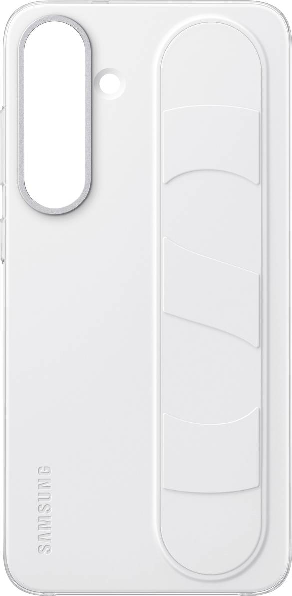 Coque de smartphone blanche de Samsung avec un trou pour l'objectif de l'appareil photo et un motif texturé sur la droite pour une meilleure prise en main.