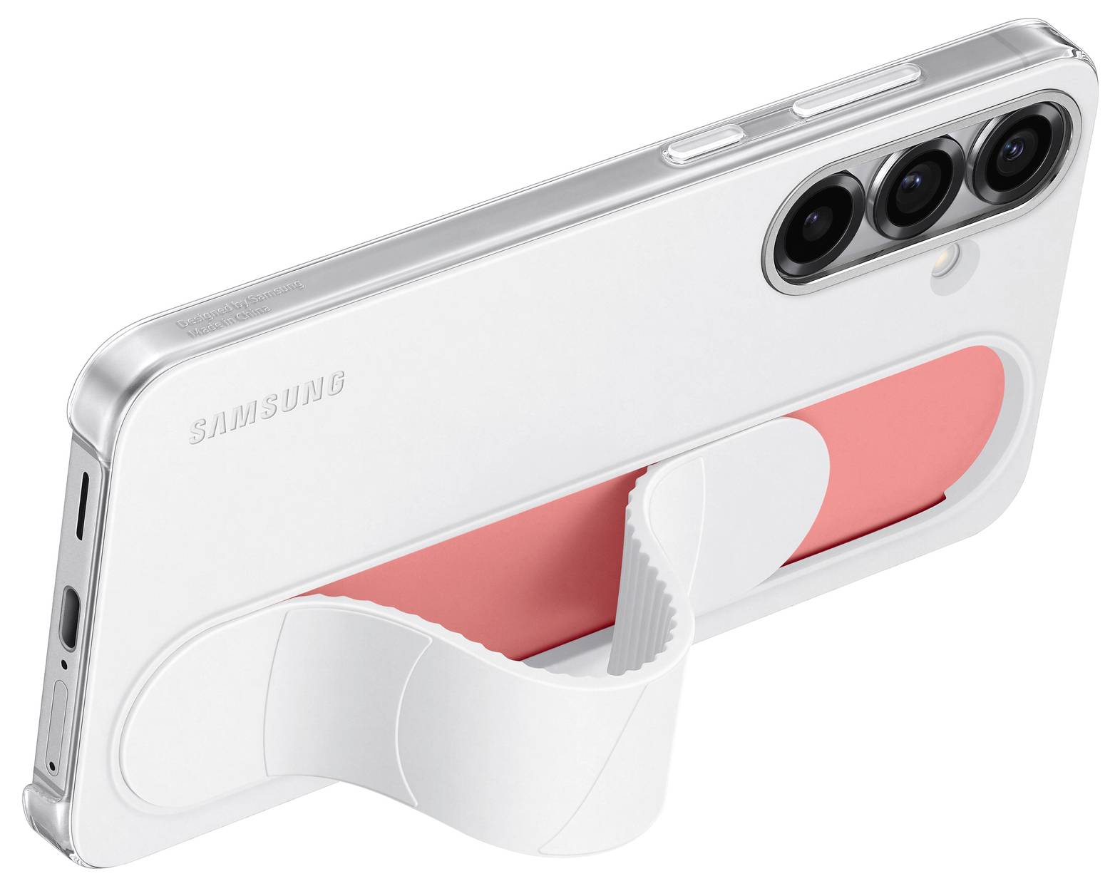 L'image montre un smartphone avec une coque de protection blanche équipée d'un support rouge intégré. Le téléphone est posé en diagonale.