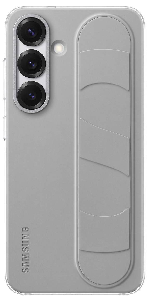 Dos de smartphone dans un étui de protection gris, avec trois objectifs de caméra disposés verticalement en haut à gauche et logo en bas à gauche.