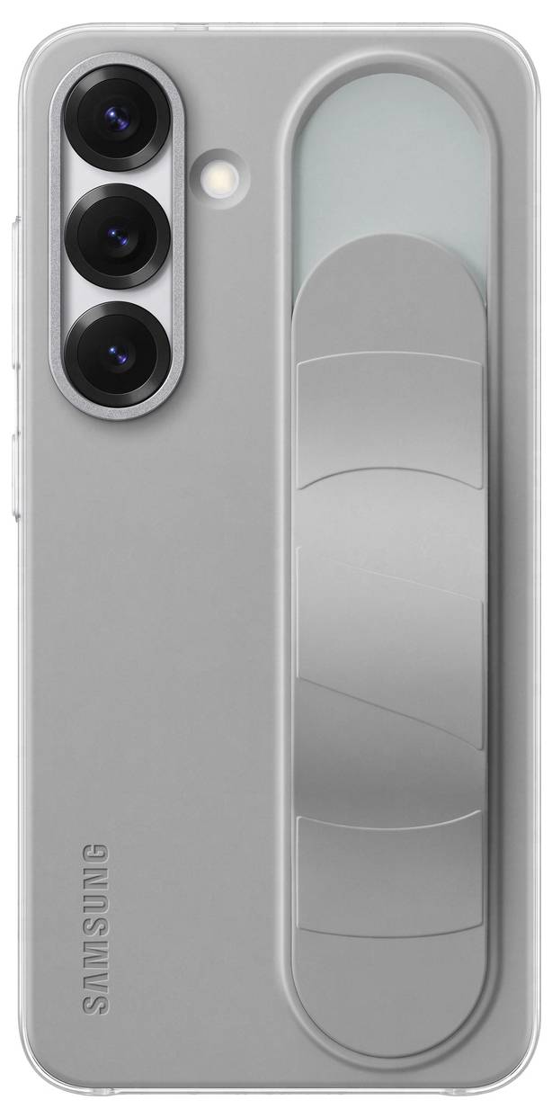 Un smartphone argenté avec trois objectifs de caméra et une poignée au dos.