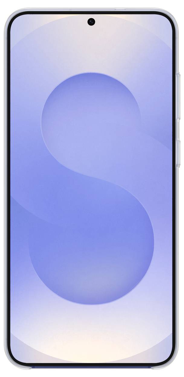 Smartphone avec un grand écran sans bordures et une caméra frontale centrale. Le fond d'écran présente un dégradé de bleu.