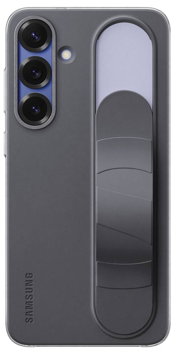 Un smartphone noir avec trois objectifs d'appareil photo et une poignée rectangulaire à l'arrière. Nom de la marque en bas.