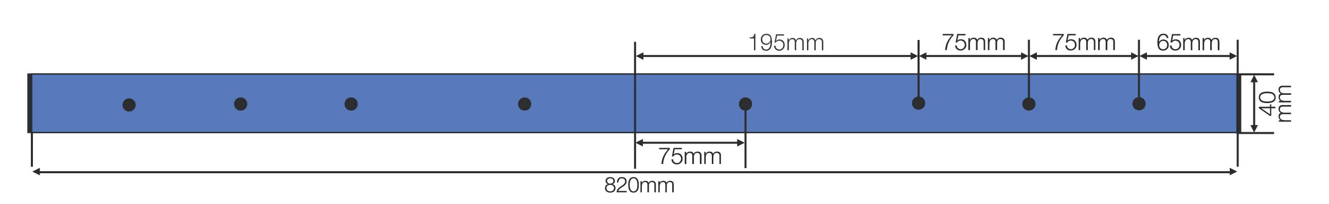Illustration d'un profil métallique bleu avec six trous de perçage. Les distances entre les trous sont indiquées : 165 mm, 75 mm, 75 mm, 65 mm. Longueur totale du profil : 800 mm.
