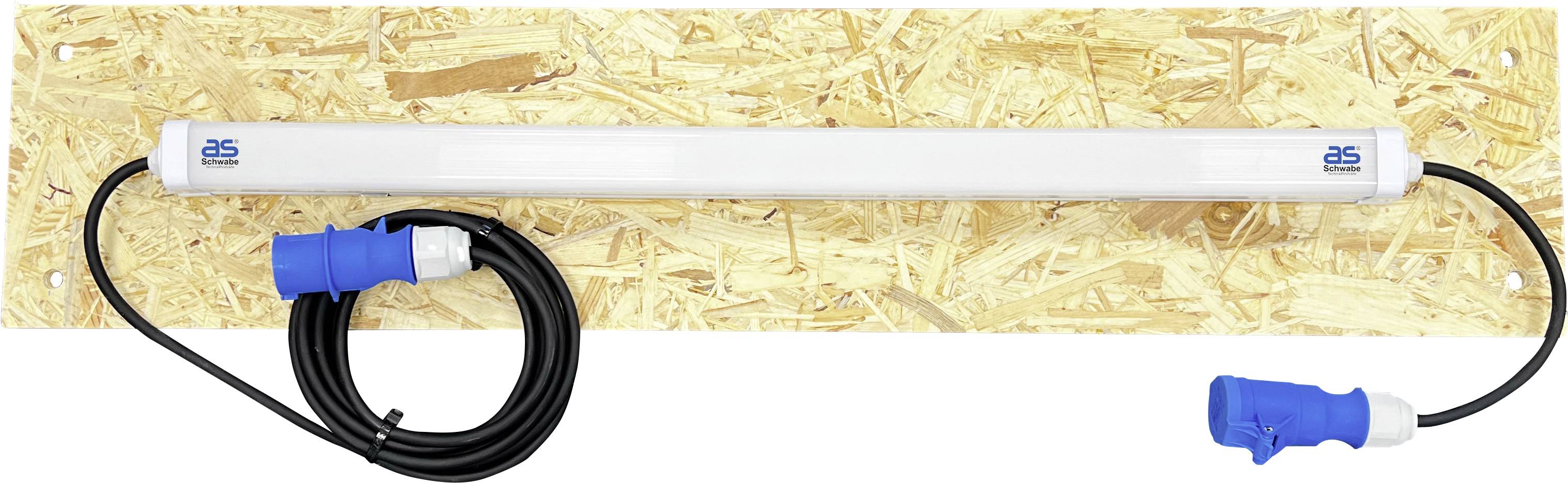 Un luminaire à LED avec des connecteurs bleus est monté sur une planche de bois. Il sert à l'électrification de projets de construction.