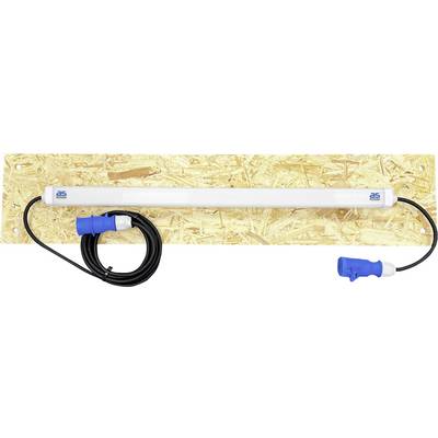 Un luminaire à LED avec des connecteurs bleus est monté sur une planche de bois. Il sert à l'électrification de projets de construction.