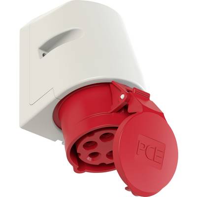 Connecteur électrique rouge et blanc avec cinq emplacements ronds, adapté aux applications industrielles.