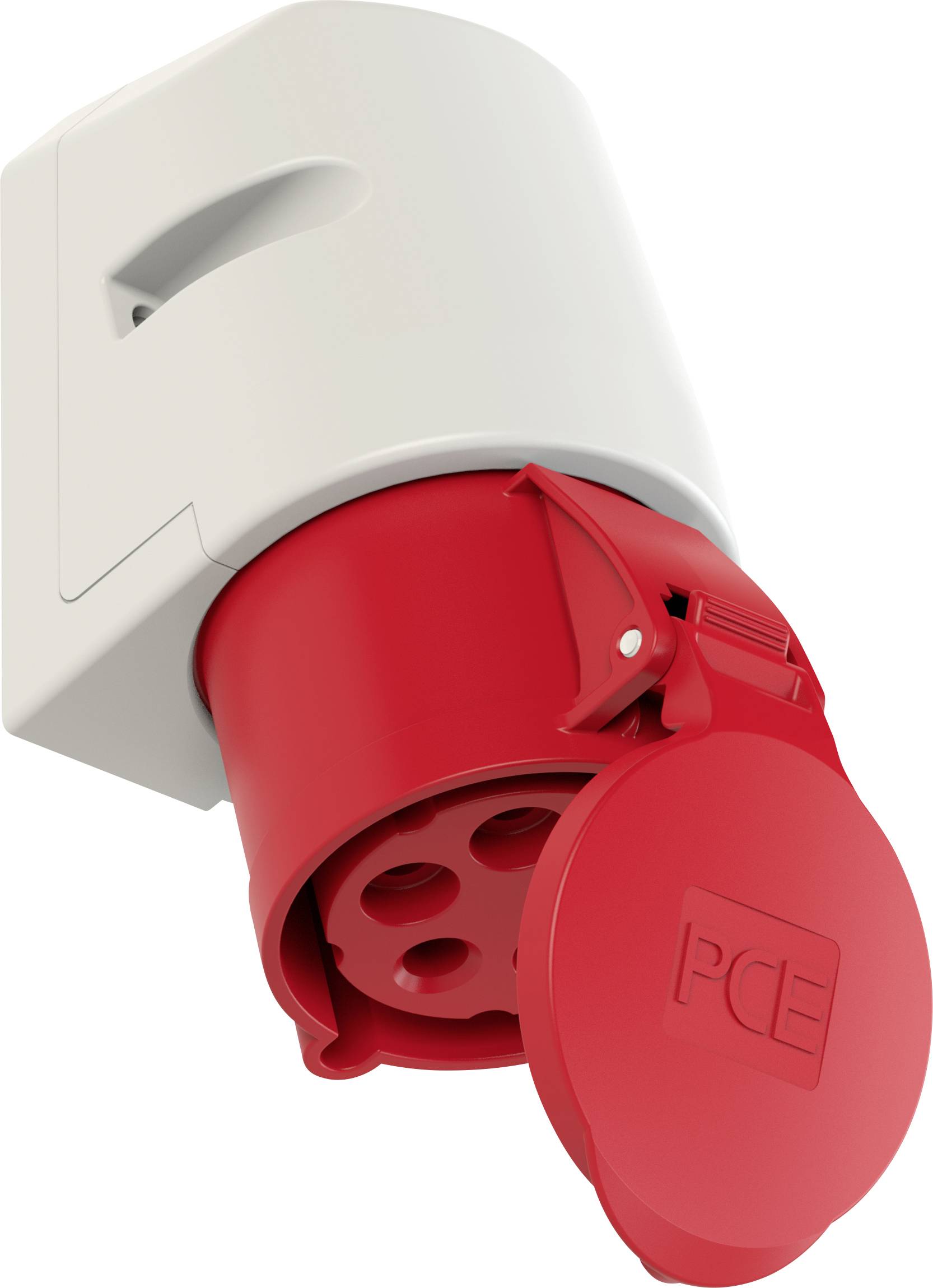 Couplage industriel rouge et blanc avec couvercle, adapté aux fortes intensités électriques, cinq pôles visibles. Idéal pour des connexions électriques robustes.