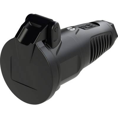 Dispositif noir, cylindrique, avec un couvercle rabattable et une partie préhensile texturée, probablement un adaptateur ou une prise.