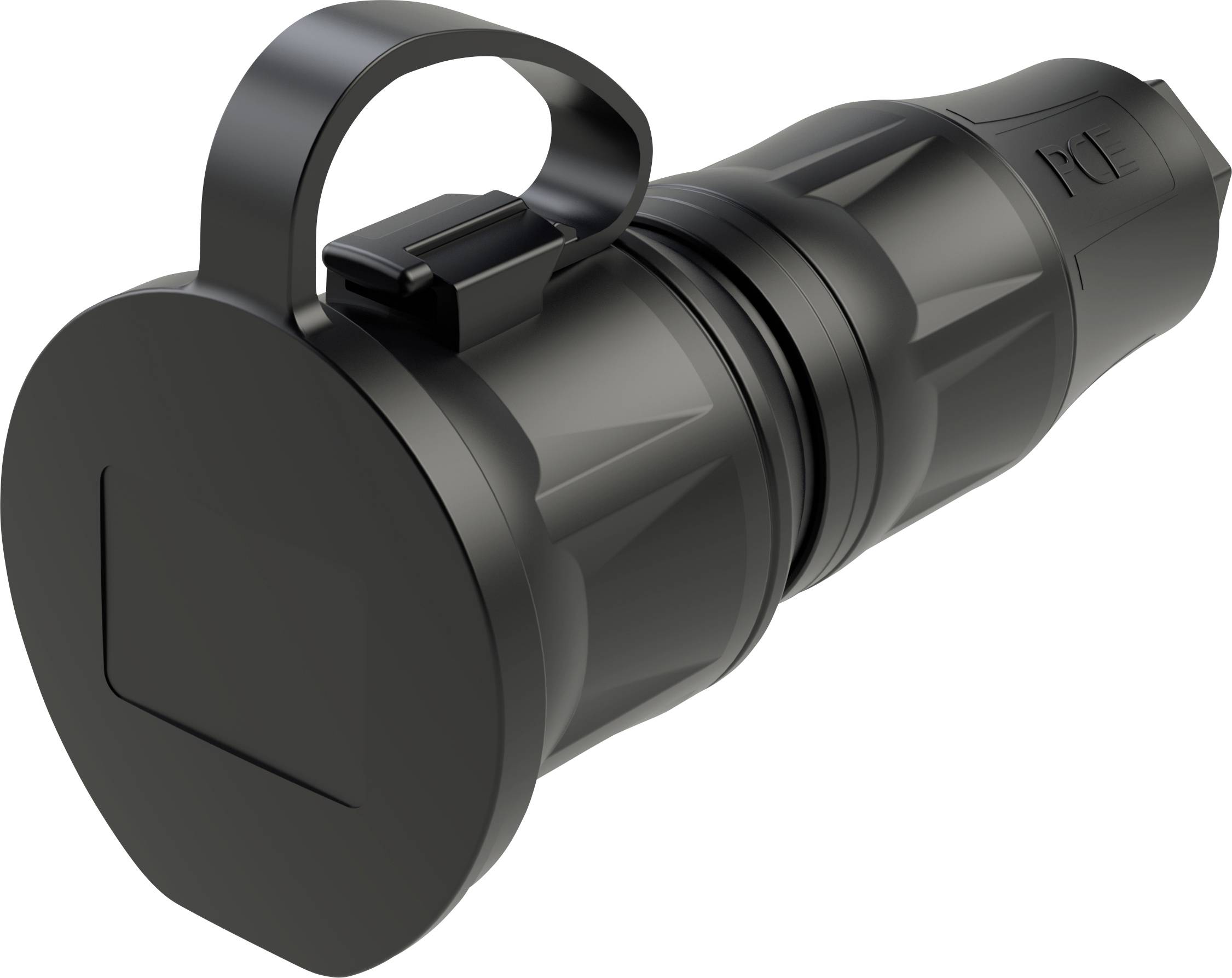 Appareil cylindrique noir avec poignée striée et boucle de fixation repliable en haut, probablement un outil ou un adaptateur.